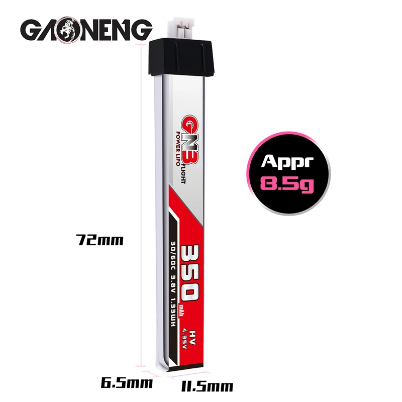 Bater&iacute;a de Lipo GNB 1S HV, 350mAh, 3,8 V, 4,35 V, 30C/60C, PH2.0, para Micro RC, FPV, carreras, Cine, Whoop, BetaFPV, Drone Quadcoper con cargador-1