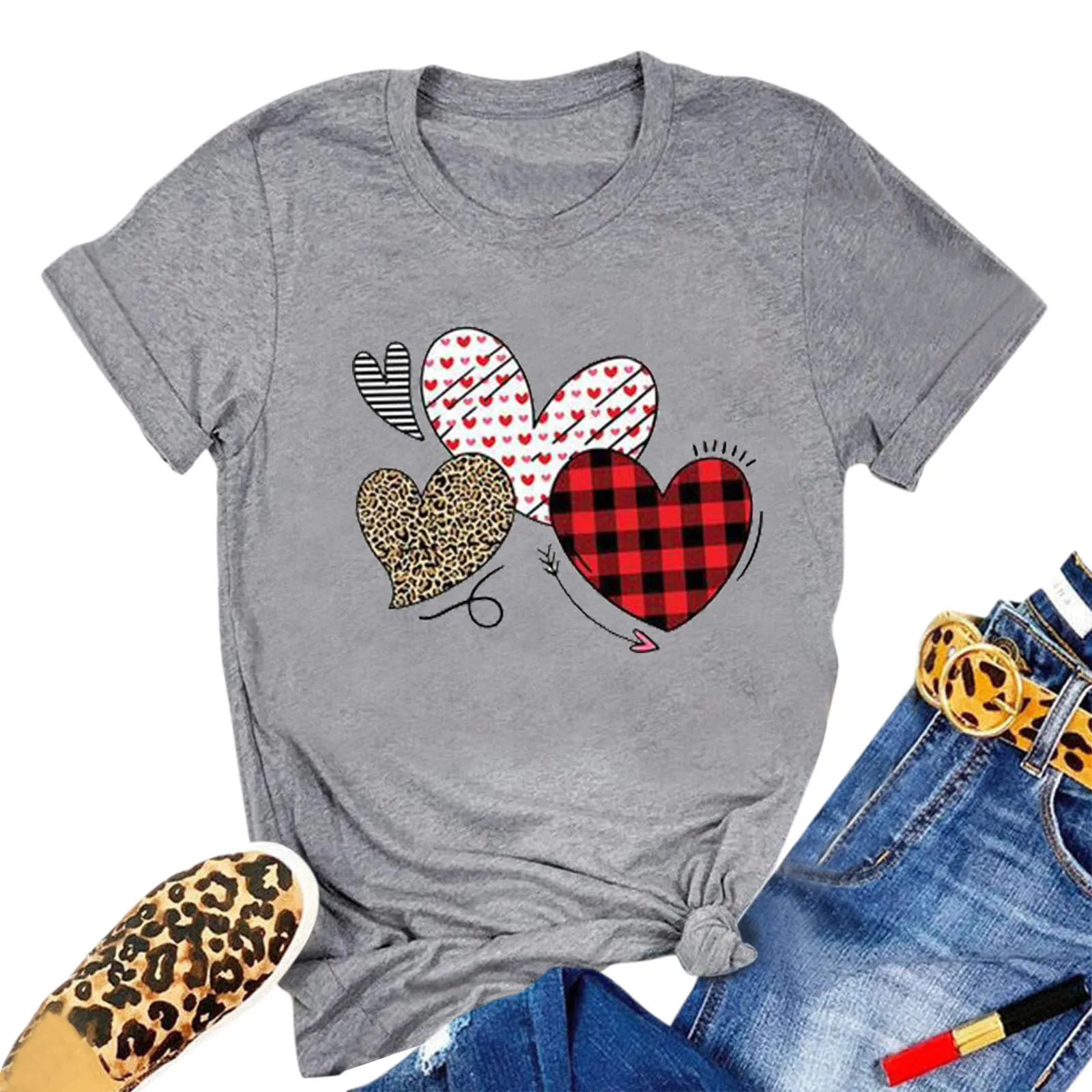 

Женская модная повседневная футболка с круглым вырезом и короткими рукавами на День святого Валентина, однотонная универсальная рубашка с милыми сердечками