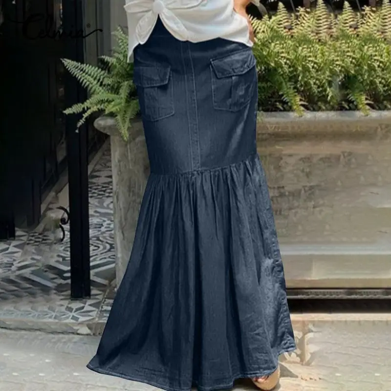 

Celmia Vintage Denim Long Skirts Women Elegant Ruffled Maxi Fishtail Skirts Autumn Casual High Waist Party Bottom Mermaid Faldas