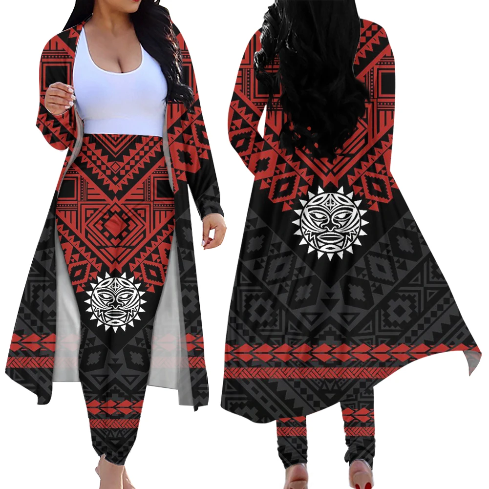 

Jackherelook Samoan Polynesain Tribal Ethnic Print 2 Piece Open Front Cardigan Bodycon Pants Casual Ladies Skinny Long Leggings