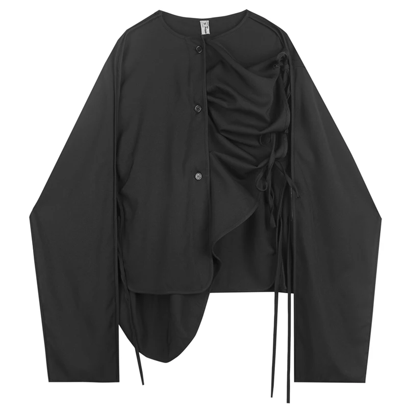 

Men Fold Irregular Ribbon Splice Long Sleeve Casual Black Shirt Male Japan Style Streetwear Punk Gothic Shirts Stage Clothing