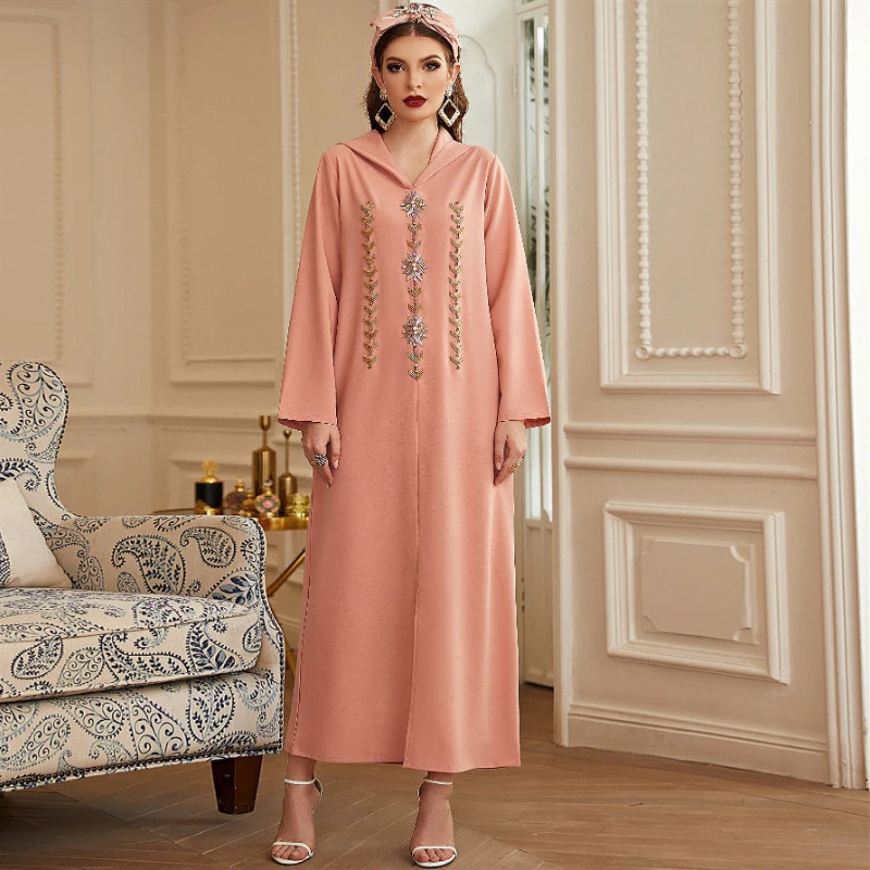 

Style Saudi Arabia Pink Gold Tube Handmade Diamond Hooded Robe ABAYA Muslim Middle East Dubai Southeast Asian Women's Robe