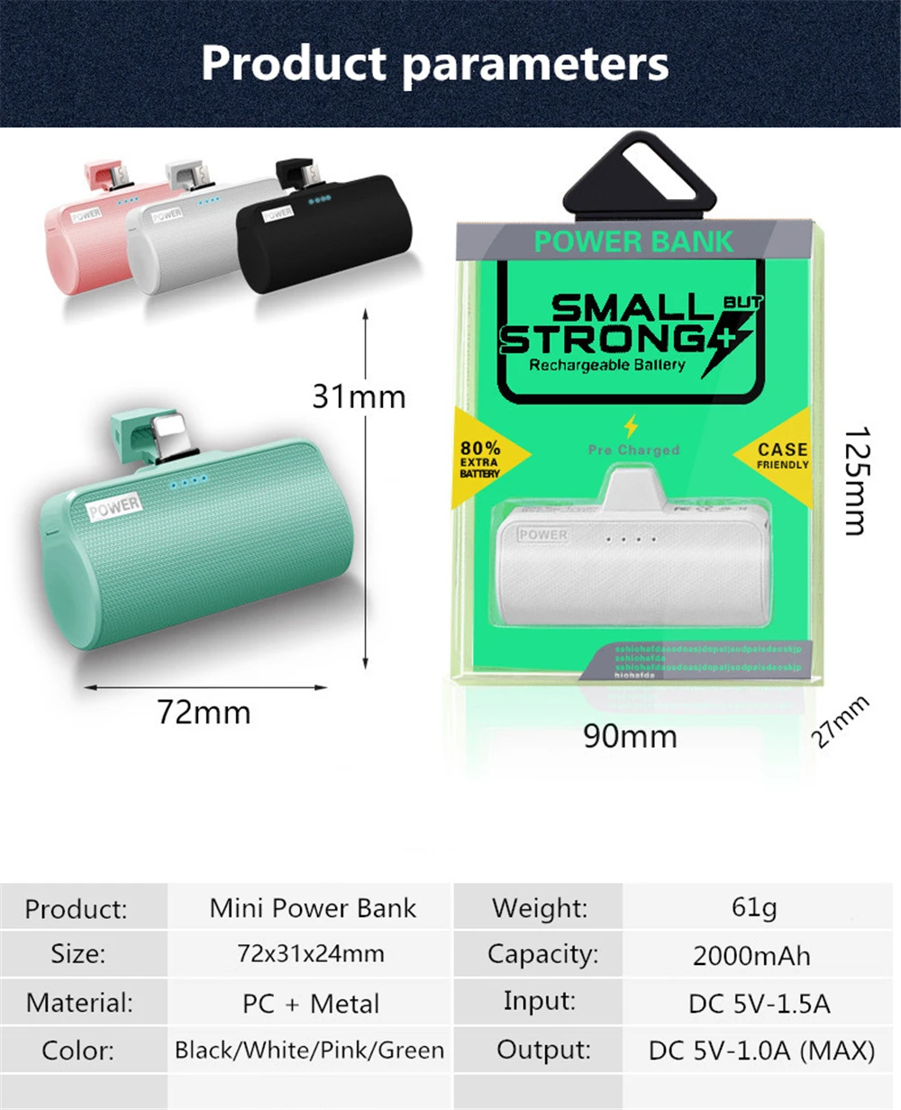 Мини банк питания 2000mAh для Xiaomi Redmi LG Внешний чехол-аккумулятор для iPhone samsung портативный мини симпатичный внешний аккумулятор