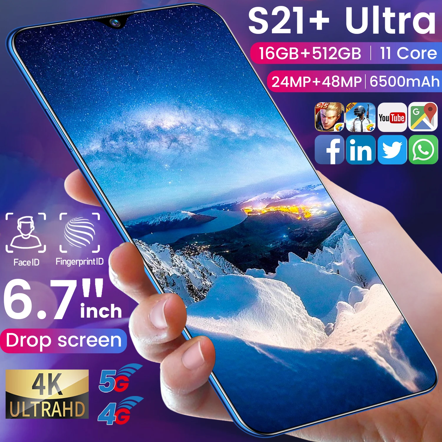 

Global Version 6.8Inch S21 Ultra Smartphone 12GB+512GB Android 11 Core 5G 6500mah 24MP+48MP Really Unlocked Telephone Celulares