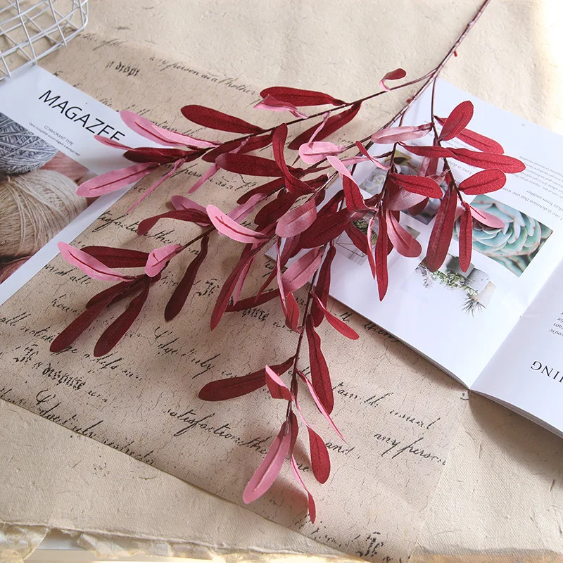 

Artificial Silk Willow Leaves Plastic Long Stem Plant Branch Fake Leaf DIY Home Wedding Decoration Arrangemen Faux Foliage Red