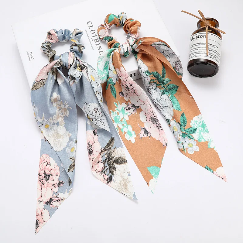 

Grace Women Horsetail Elastic Hair Scarf Printing Long Ribbon Binding Ponytail Elastic Scrunchie Satin Rubber Band Bow Hair Rope