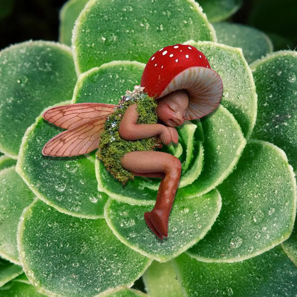 

Fairy Statue Mini Sleeping Mushroom Elf Resin Miniature Garden Fairies Figurines Garden Decoration Outdoor Gardening Decoration