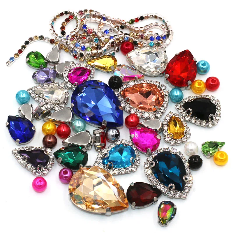 

Wedding Decoration Teardrop Mixedcolor Mix Size Glass Crystal Stones Pearl Beads Cup Chain Rim Rhinestones Sew On Clothing/Dress
