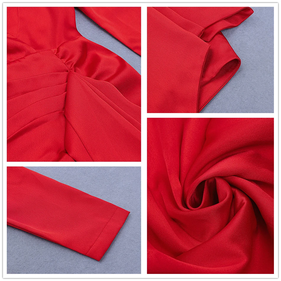 

High Quality Women's Sexy Long Sleeve V-neck Draped Mini Dress Spring 2021 Red Bodycon Celebrity Club Party Dress Vestidos