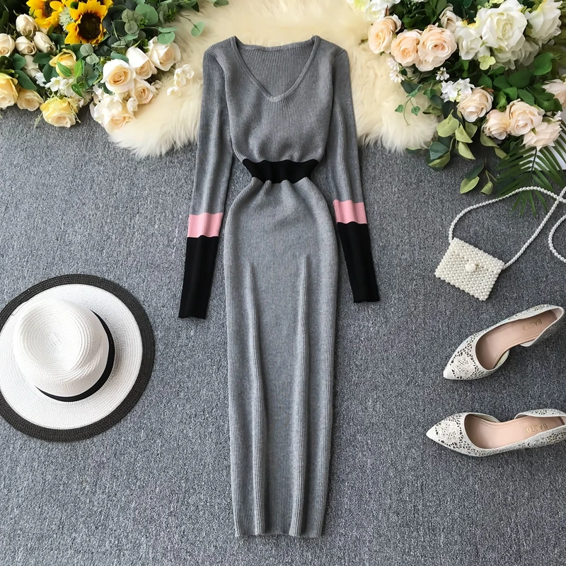 ALPHALMODA осеннее Новое винтажное вязаное платье женское цветное Элегантное зимнее платье с длинными рукавами вязаное платье-футляр