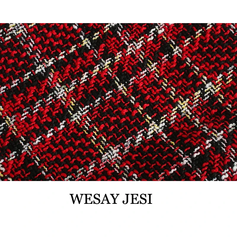 

WESAY JESI Women New Spring Fashion Single Breasetd High Waist Za Tweed Red Mini Skirts Chic Lady Plaid A-Line Thick Short Skirt