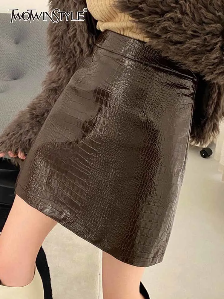 

TWOTWINSTYLE Casual Pu Black Skirt For Women High Waist Plain Mini A Line Bodycon Skirts Female 2021 Summer Fashion Clothing New