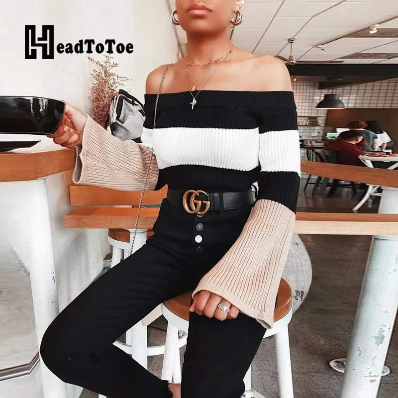 

Striped Off Shoulder Flared Sleeves Knit Top Women Casual Blouses