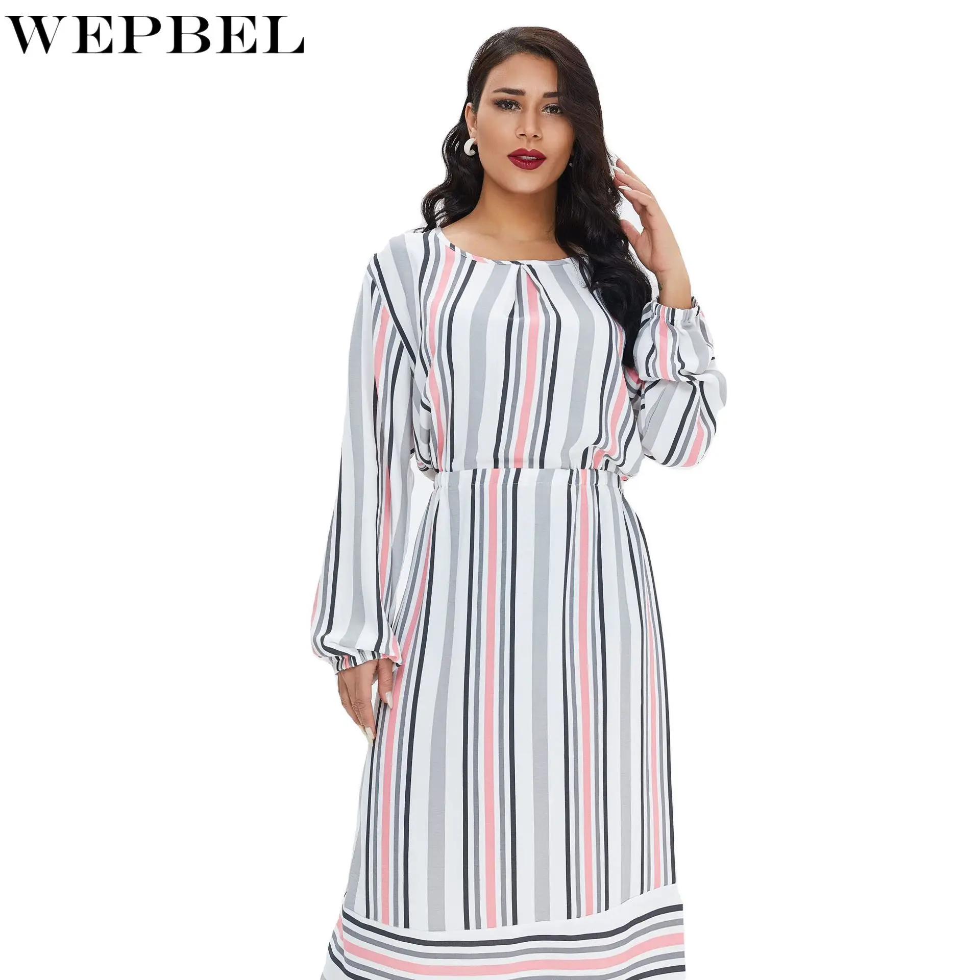 

WEPBEL Muslim Dress Women's Casual Striped Printed Dress Spring Summer Fashion Long Sleeve Loose O-Neck Arabic Robe