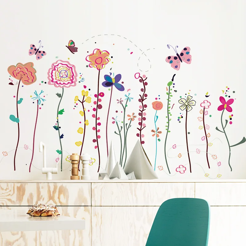 

Hand-painted Colorful Flowers Butterfly Skirting Wall Stickers Kindergarten Background Wall Decoration Layout Wall Stickers