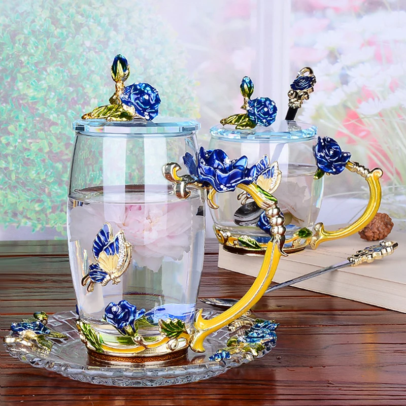 Creative Blue Rose Enamel Crystal Tea Cup Coffee Mug Butterfly Rose Painted Flower Water Cups Clear Glass with Spoon Set