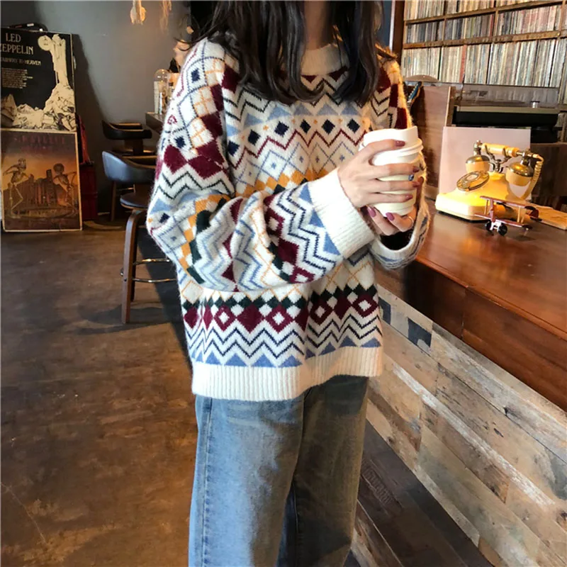 

Autumn and Winter Women's Sweater Pullover Warm Sweater loose Diamond Check Color Round Neck Color Matching Student knit Top A72