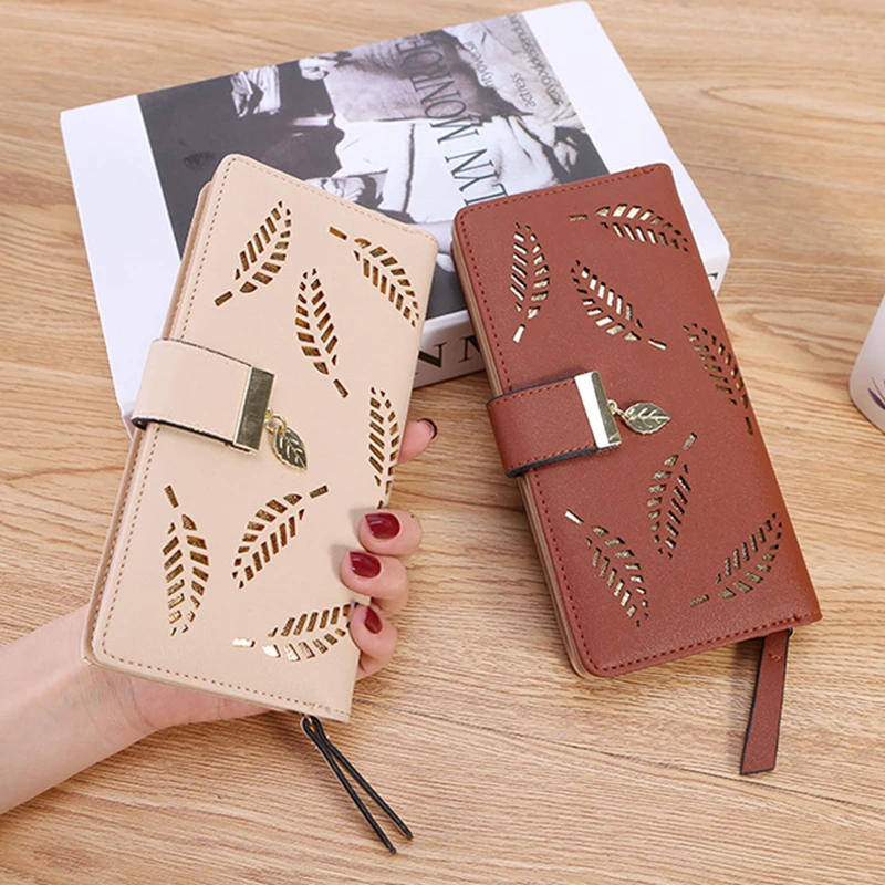 

Women's Multifunctional PU Handbag Hollow Leaves Zipper Long Purse with 12 Slots Cell Phone Wallet for Banknote Coin B88