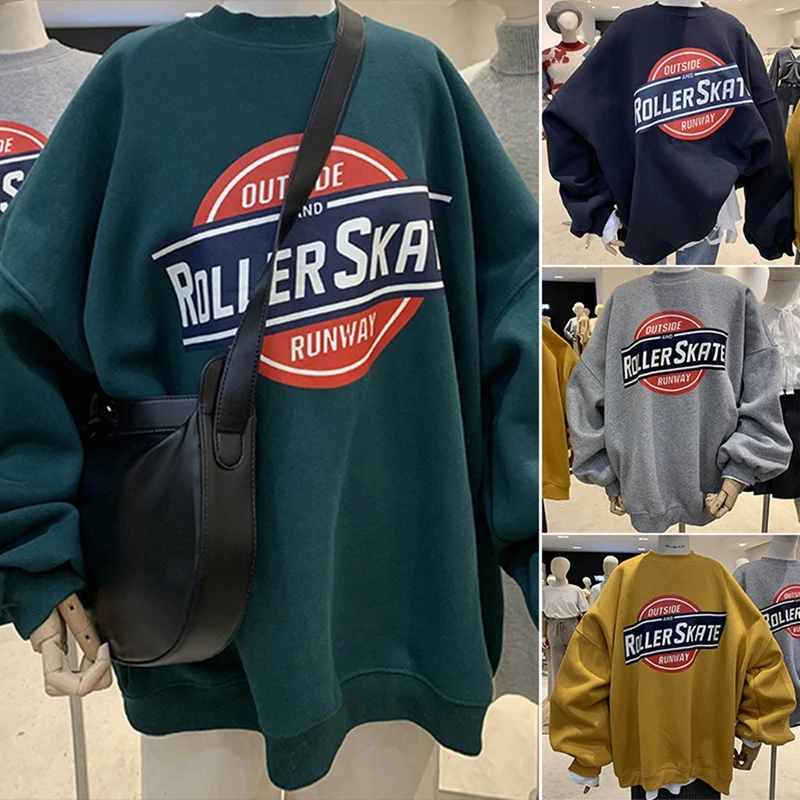 Свободный пуловер с круглым вырезом и мультяшным принтом студенческий свитер