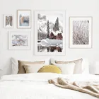 Настенная картина с изображением зимнего дома, травы, цветов, заснеженного холма, озера, настенные постеры и принты в скандинавском стиле для гостиной, домашний декор