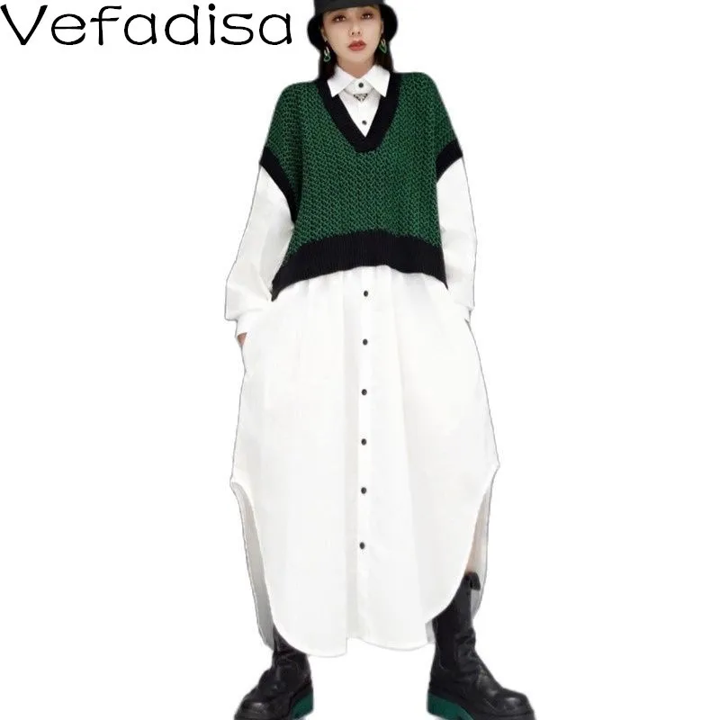

Vefadisa Green Knitted Patchwork Women Dress 2021 Autumn New Fashion Fake Two Piece Women Dress Plus Size Shirt Dress QYF6466