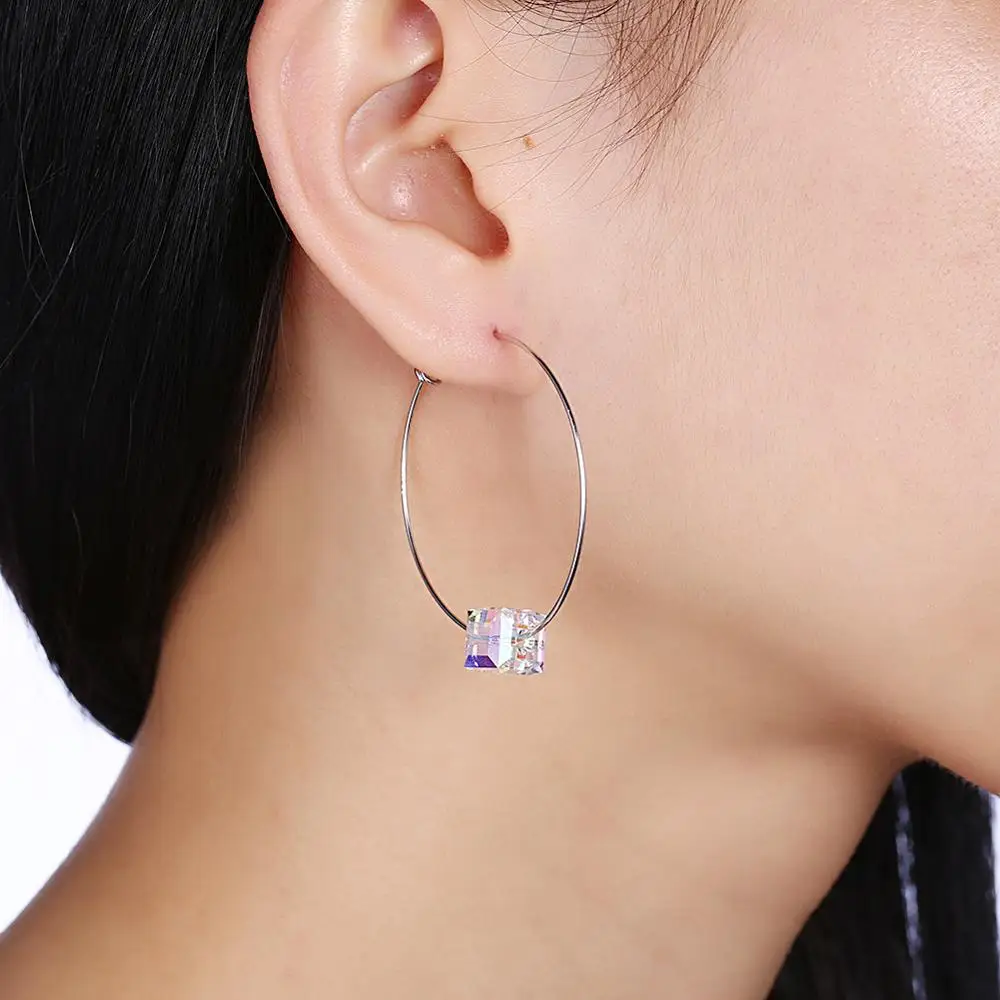 

SILVERHOO S925 Sterling Silver Earrings For Women Colorful Austria Crystal Geometric Square Hoop Earring Classic Party Jewelry