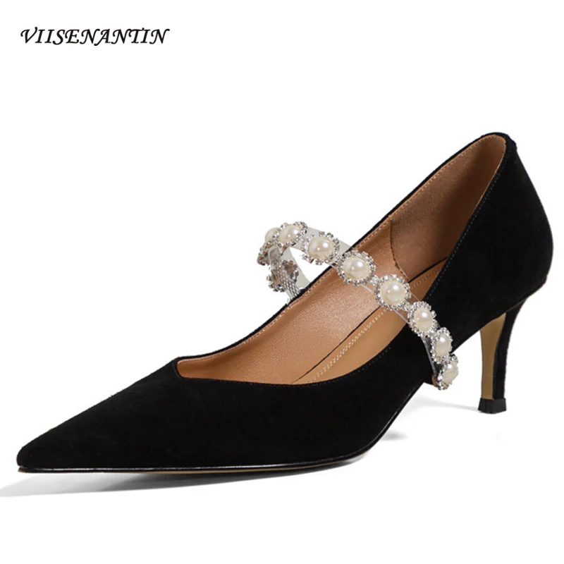 

2021 spring summer new sheep suede stiletto single shoes women elegant pearl rhinestone pointed shallow mouth mature high heels