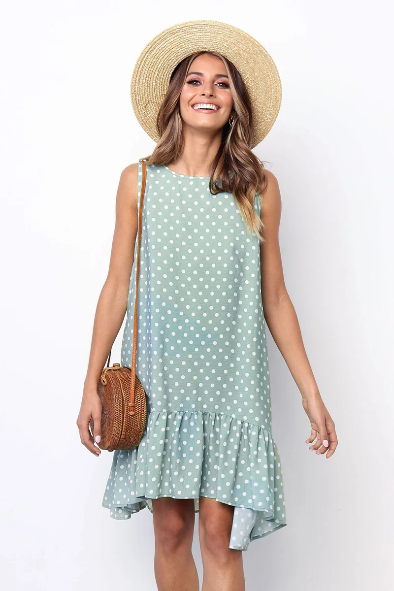 

Polka Dot Dress Women 2020 New Summer Beach Casual Dress Plus Size Sleeveless yellow Loose A-Line Midi Beach Dresses Vestidos