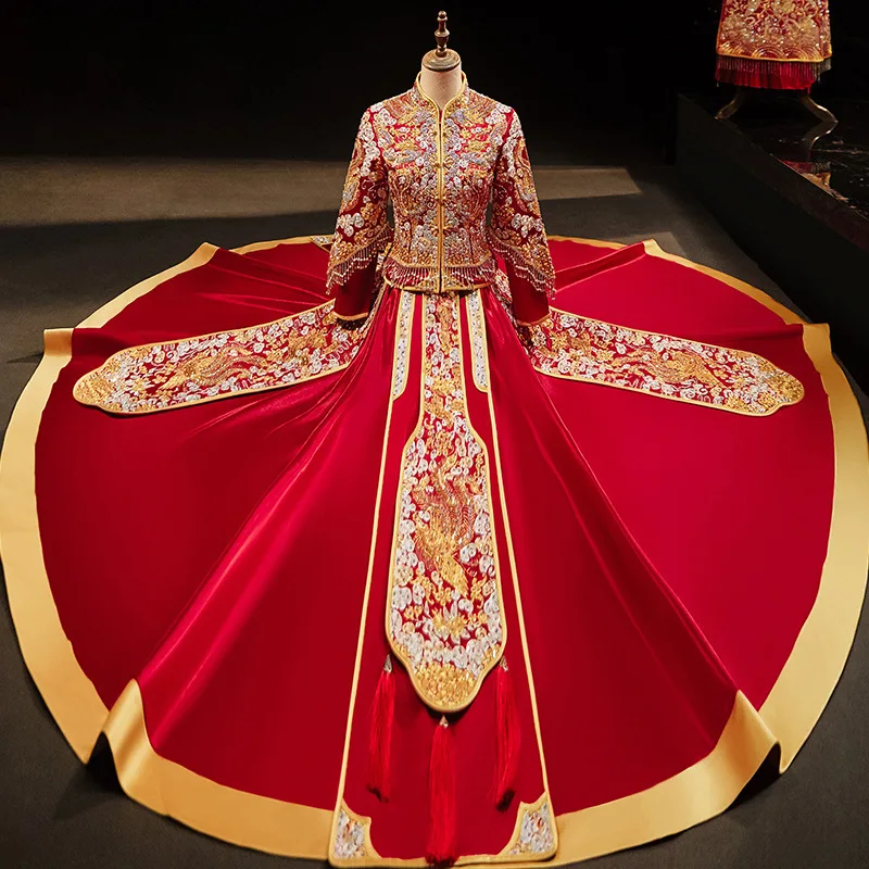 

Традиционный китайский воротник, изысканные блестки, вышитые бусины, кисточки, Свадебное платье Чонсам для пар, Свадебное платье