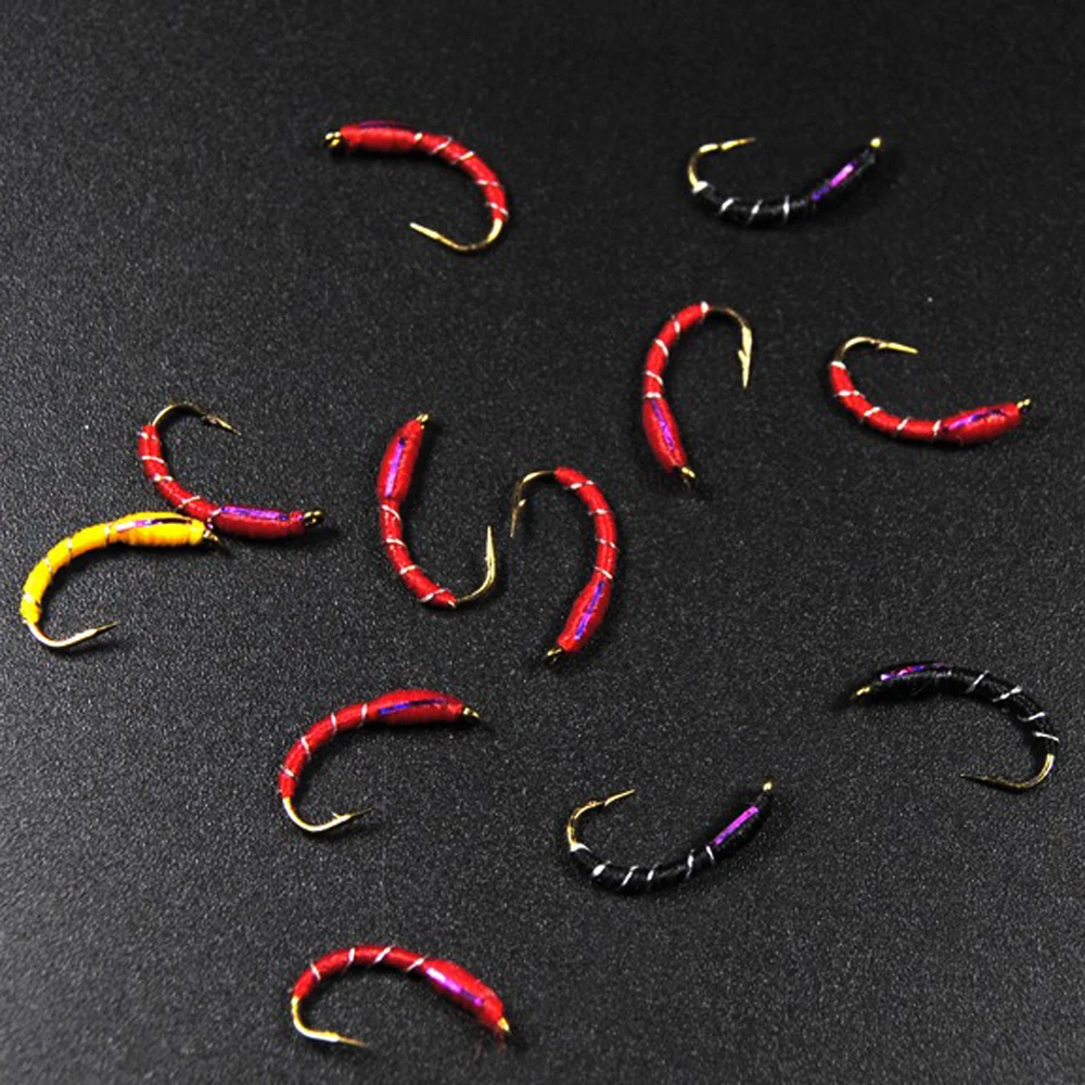 [12PCS] 12 # Caddis Larva Chironomid Midge Pupa Buzzer Zebra Нимфа форель мухи нахлыстовый крючок черный
