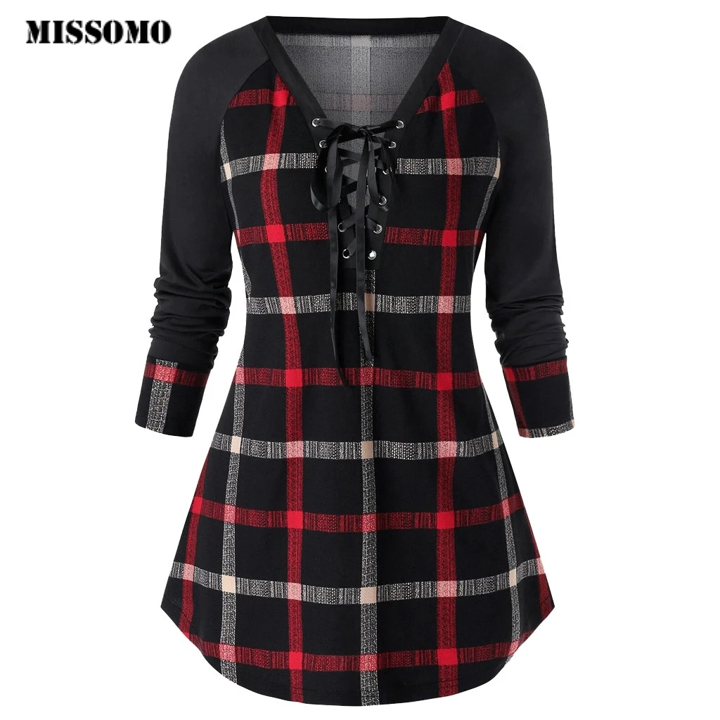 MISSOMO Autumn Winter Clothes Women V Collar Lattice Print Long Sleeve t shirt women Tops Harajuku Tshirt Cross Bowknot Bandage | Женская