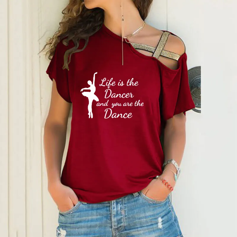 Футболка женская свободного покроя с принтом Life is the dance ассиметричная рубашка