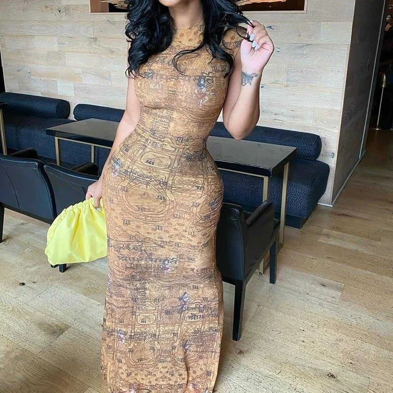 

2021 Vintage Women Sleeveless Bodycon Slim Maxi Dress Africa Fashion Printed Dress