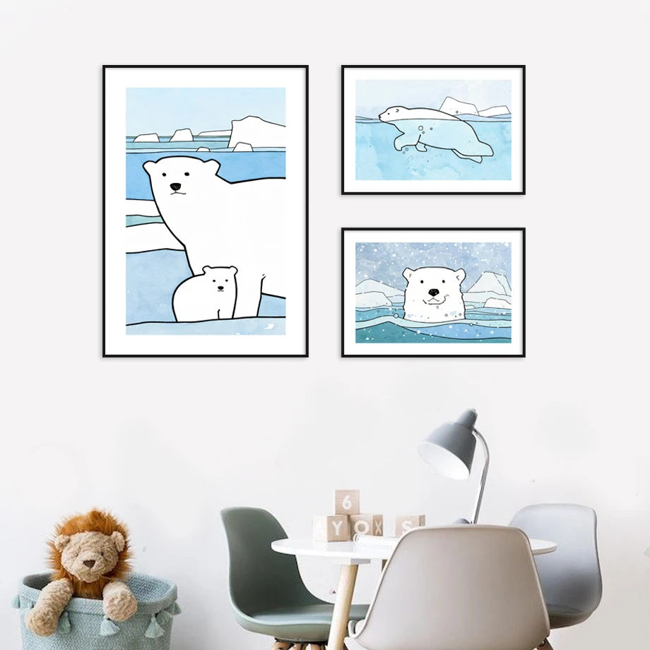 

Cute Animals Canvas Painting Kids Room Decor Poster Prints Cartoon Polar Bear Pictures for Living Room Frameless