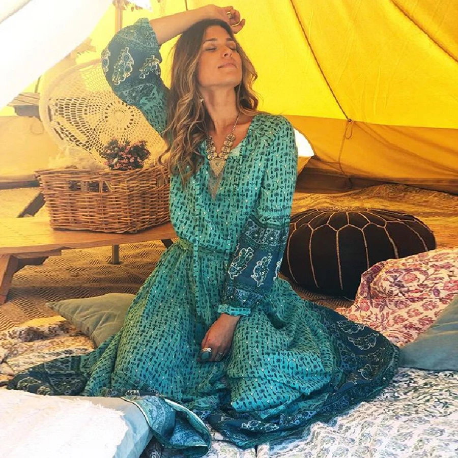 Женское платье миди с цветочным принтом TEELYNN длинным рукавом и регулируемой