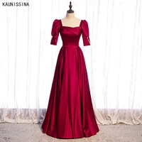 kaunissina elegant banquet evening dress women short sleeve square collar vintage formal gowns floor length satin party dresses
