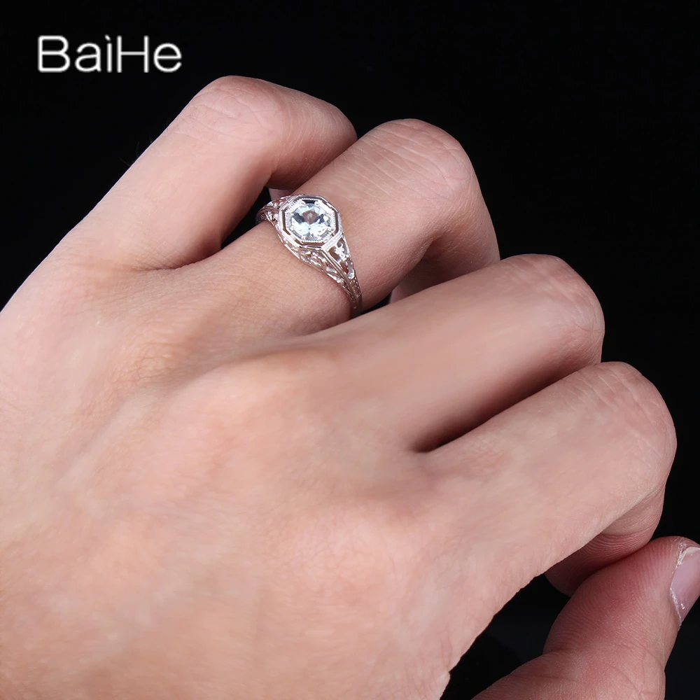 BAIHE Solid 14K White Gold Pear Aquamarine Ring Lady Men Women Classic Fine Jewelry Aquamarin-Ring Аквамариновое кольцо |