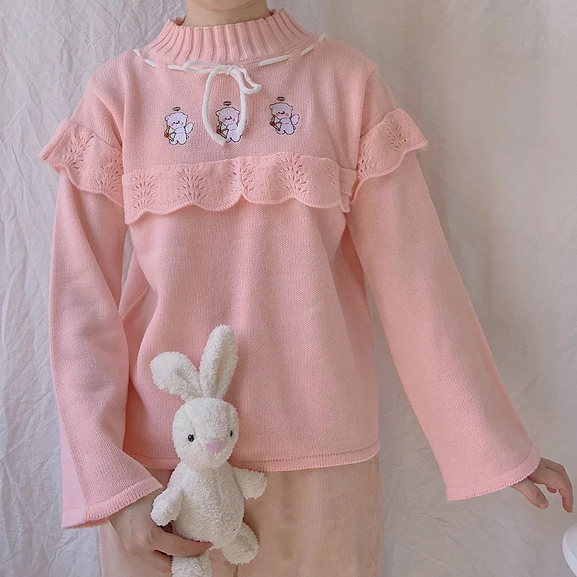 Japanese Cute Girls knit Sweater Women Kawaii Lace Embroidery Turtleneck Knitted Pullovers Winter Preppy Style Loose Jumper Tops |