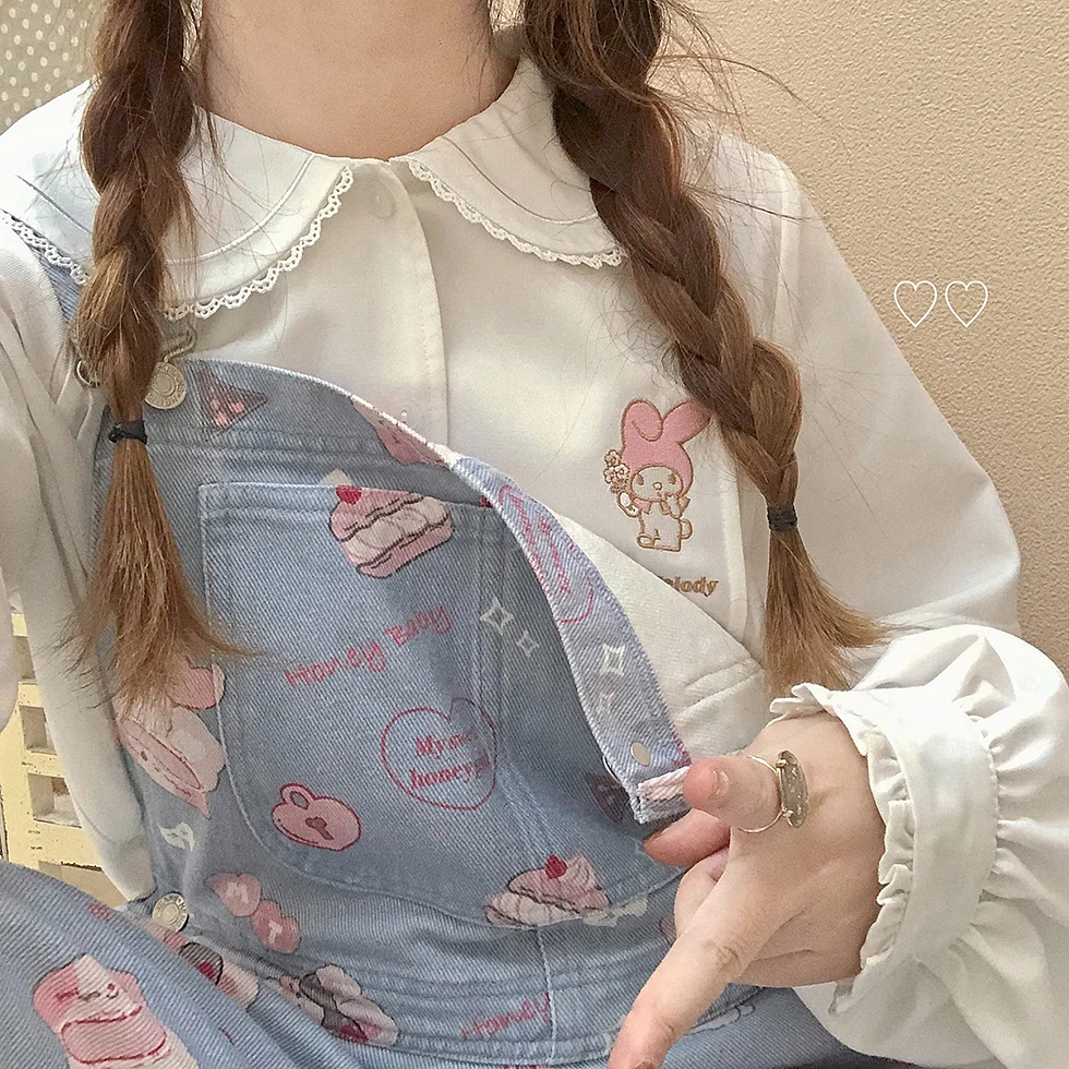 Overalls Women Spring Autumn Japanese Sweet Cute Bunny Cake Letters Print Trousers Girl Small Fresh Jeans Student Pants