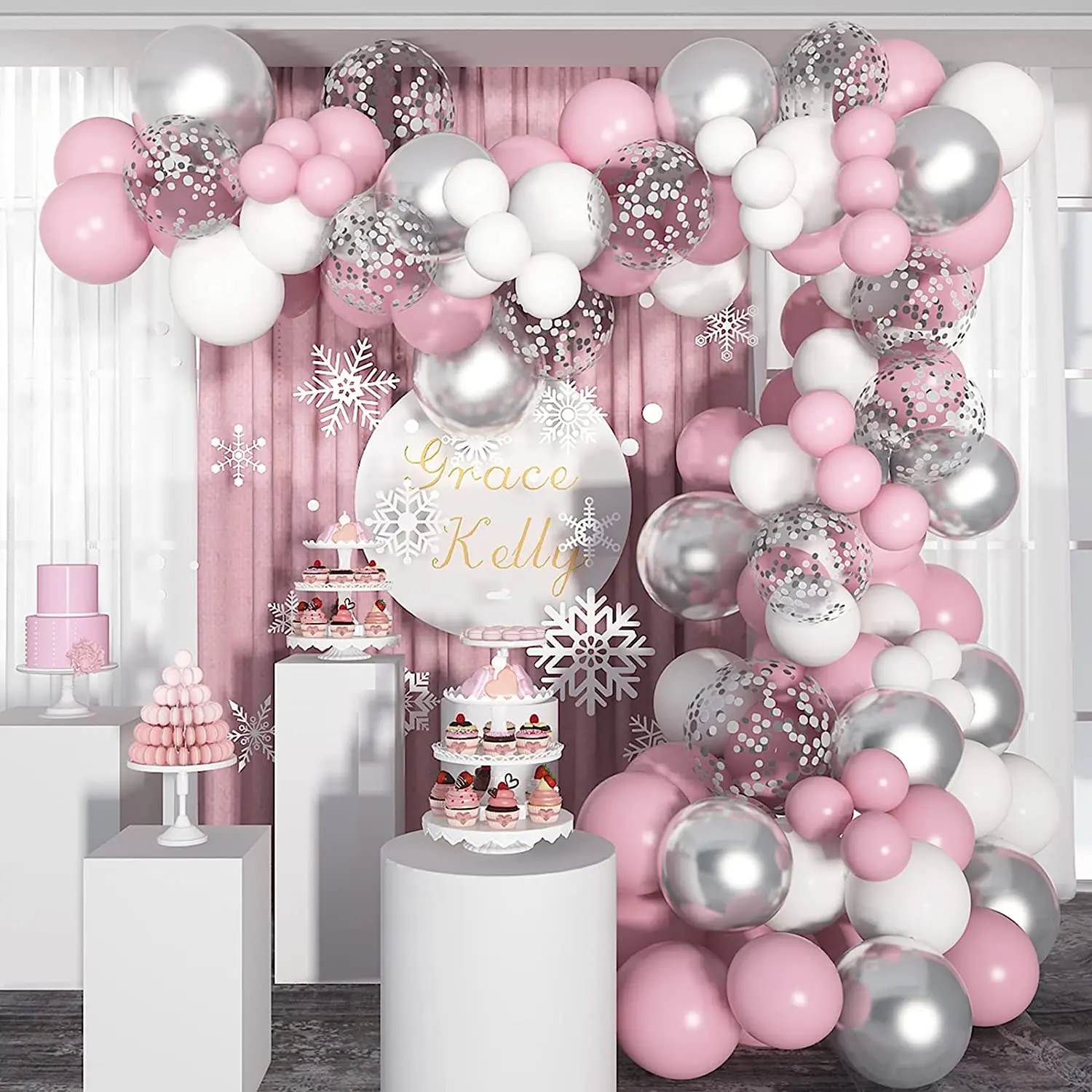 Conjunto de arco de guirnalda de globos de metal y plata para ni&ntilde;as, conjunto de arco de guirnalda de macaron rosa y blanco, adecuado para baby shower, cumplea&ntilde;os y bodas, 103 piezas-0