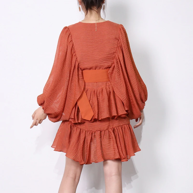 

Ruffle Patchwork Spring Dress For Women V Neck Lantern Long Sleeve High Waist Sashes Mini Dresses Female Fashion