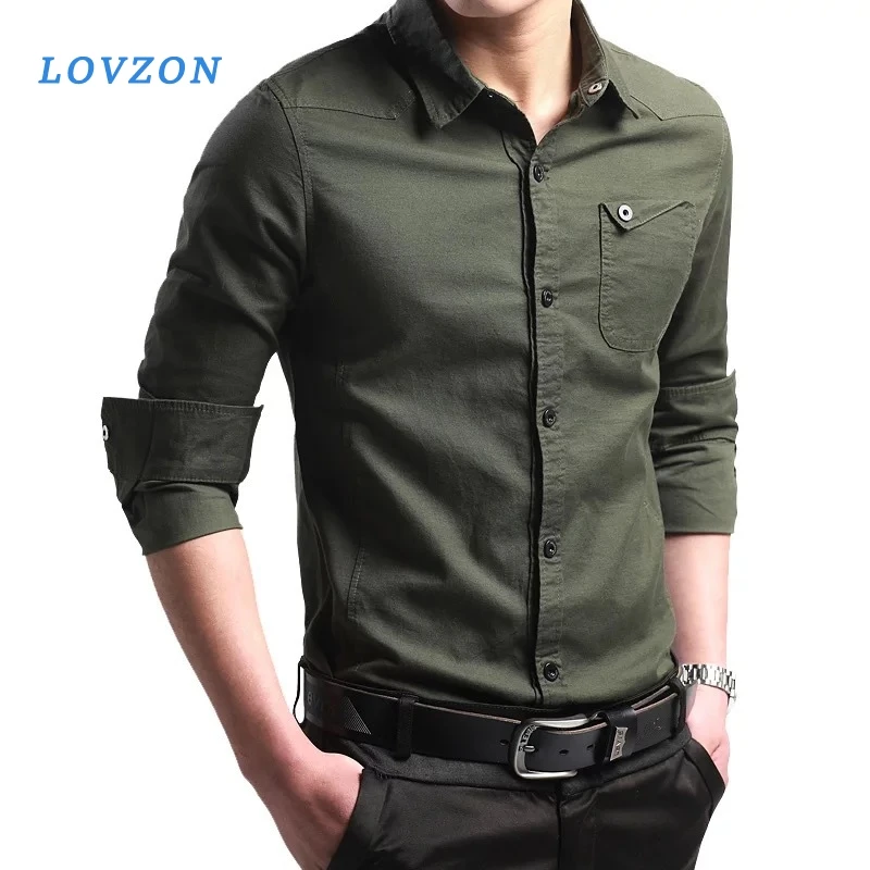 

LOVZON New Spring Button Down 100% Cootn Military Shirt Men Long Sleeve Casual Shirts Tactical Business Shirt