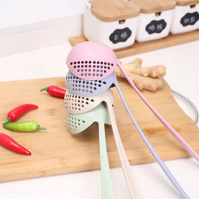 

1Pcs Hook Design Long Handle Porridge Spoons Filter Multi-function Soup Spoon Kitchen Tools 2 in 1 Wheat Straw/PP