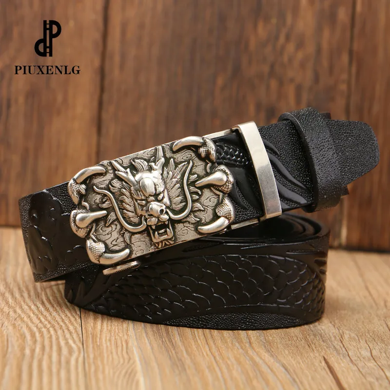 

China Dragon Designer Belt Men Cowskin Genuine Luxury Leather Men's Belts for Men Carving Dragon Pattern Automatic Buckle