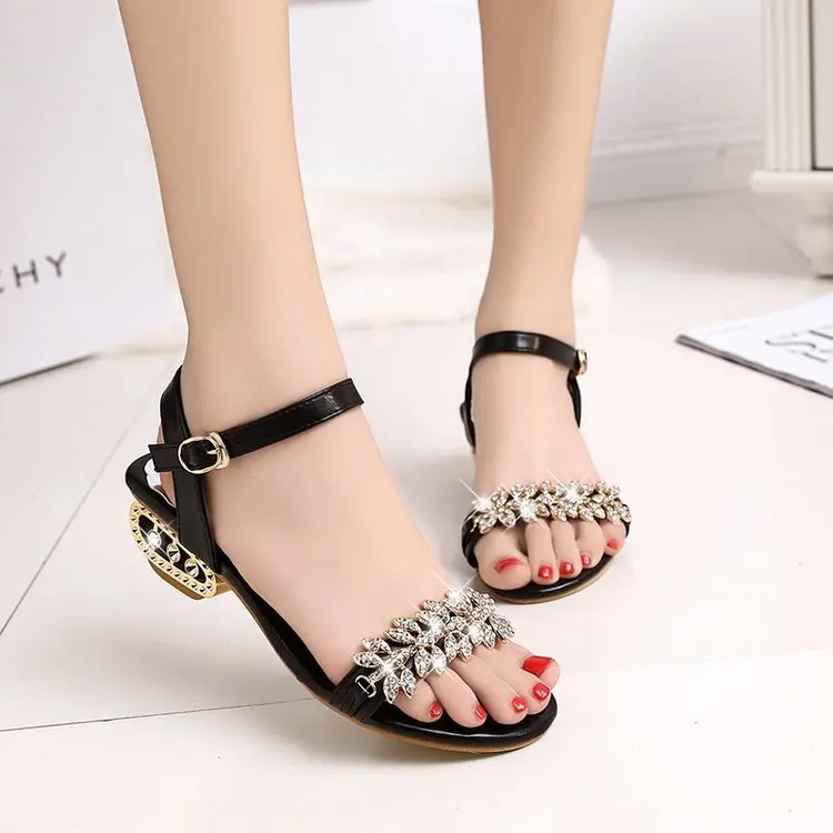 

Med Breathable Large Size 2021 Sandals All-Match Ladies Shoes Summer Block Heels Medium Big New Rhinestone Multicolored Chunky G