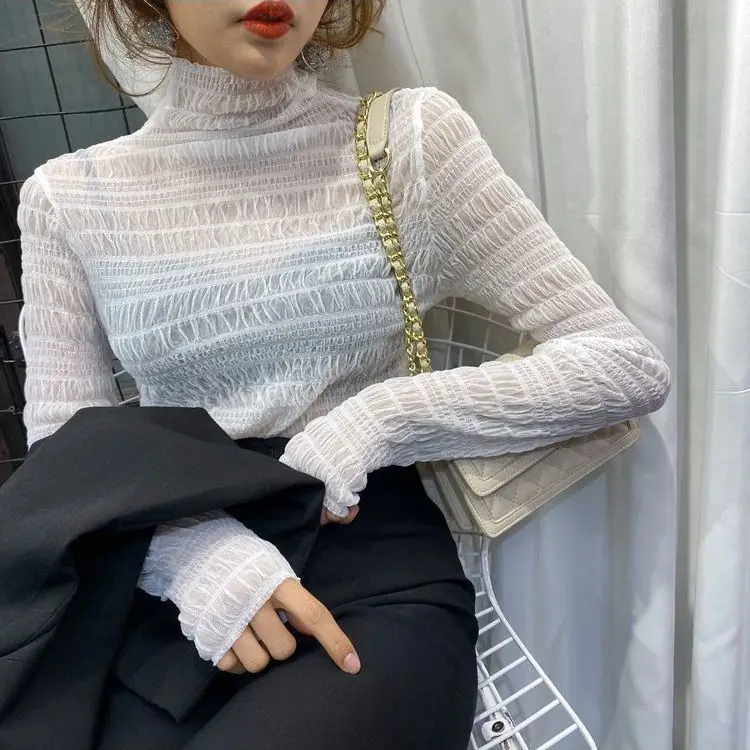 

Blouse Women Women's Lace Autumn and Winter Long Sleeves Mesh Women's Clothing Blusas Ropa De Mujer