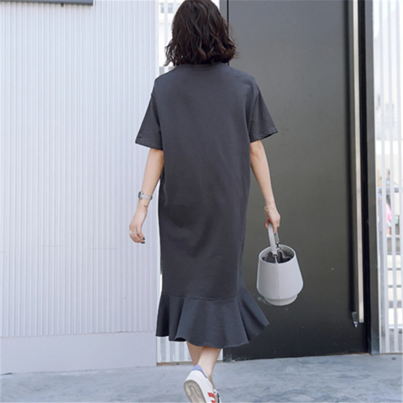 

2021 Summer Fashion New High-Quality Round Neck Short-Sleeved T-Shirt Loose Fishtail Simple Lazy Over-The-Knee Dress Trendy H086