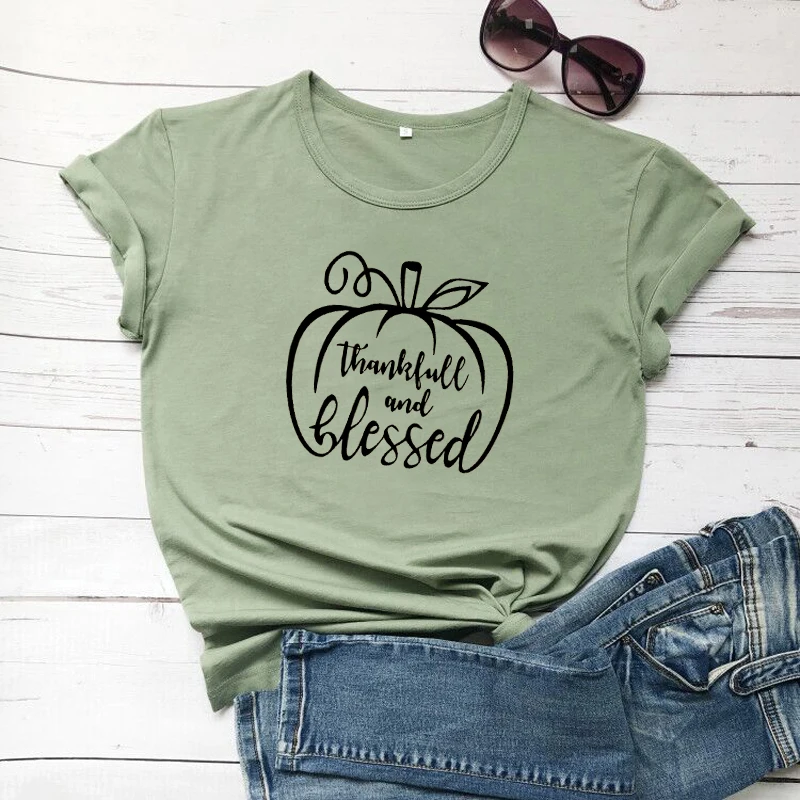 

Thankful and blessed pumpkin women fashion pure cotton casual t shirt young hipster grunge tumblr tees vintage party slogan tops