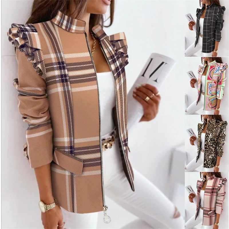 

Casual Plaid Jacket Women Spring Autumn Long Sleeve Ruffles Khaki Pink Zippers Woman Coats 2021 Fashion Office Lady Jackets Coat