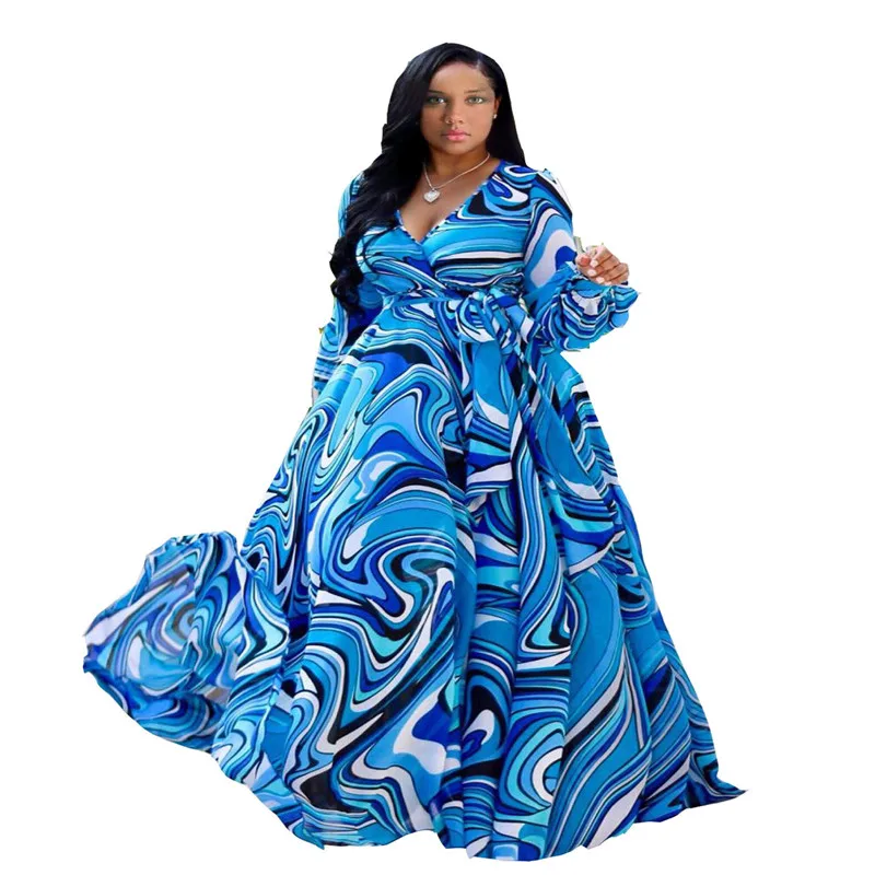 

Women Long Maxi Dress Floral Printed Long Sleeve V Neck Belted Chiffon Dresses Casual Beach Loose Dress Plus Size S-3XL-5XL
